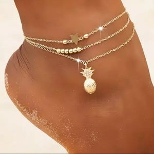 Gold Tone Pineapple Bead & Star Anklet Anklets